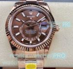 NOOB Factory Replica Rolex Sky-Dweller Coffee Dial Rose Gold Fluted Bezel 42MM Watch